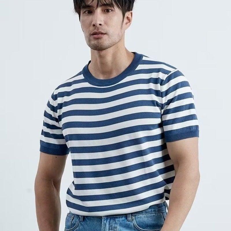 Lightly Mature Casual high quality Ice Silk Short-sleeved Men's Contrast Color Navy Stripe Thin Trendy Simple Round Neck Knitted T-shirt - Image 1
