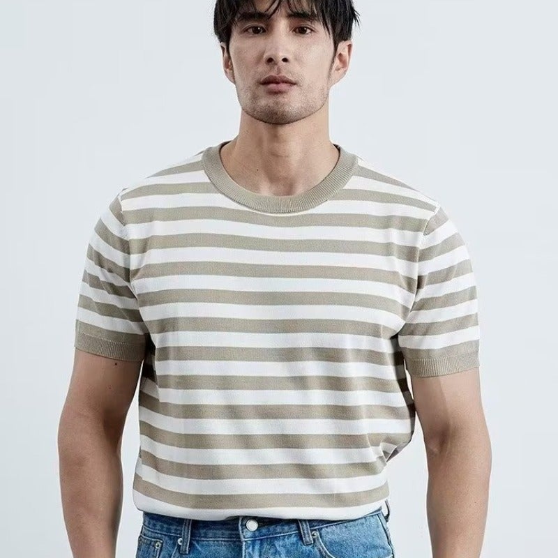 Lightly Mature Casual high quality Ice Silk Short-sleeved Men's Contrast Color Navy Stripe Thin Trendy Simple Round Neck Knitted T-shirt - Image 2