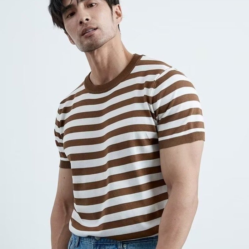 Lightly Mature Casual high quality Ice Silk Short-sleeved Men's Contrast Color Navy Stripe Thin Trendy Simple Round Neck Knitted T-shirt - Image 5