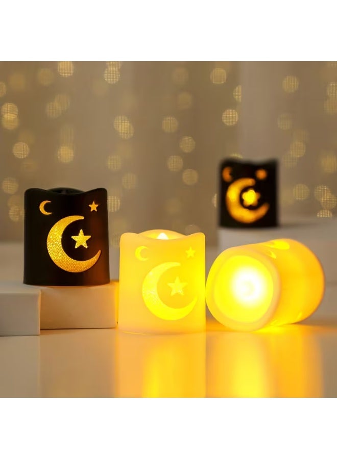 مجموعة من 4 شموع إلكترونية LED على شكل نجمة وقمر باللونين الأسود والأبيض - أضواء زخرفية بدون لهب لرمضان العيد وإضفاء جو احتفالي على المنزل - Image 2