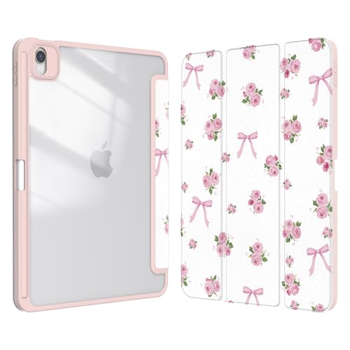 Xkladz Case for iPad Air 11 inch M4 (2026) / M3 (2025) / M2 (2024), iPad Air 5th / 4th Generation (2022/2020) 10.9 inch, Case with Pencil Holder, Clear Back Cover Pattern for Women Girls, Bow Rose - Image 1
