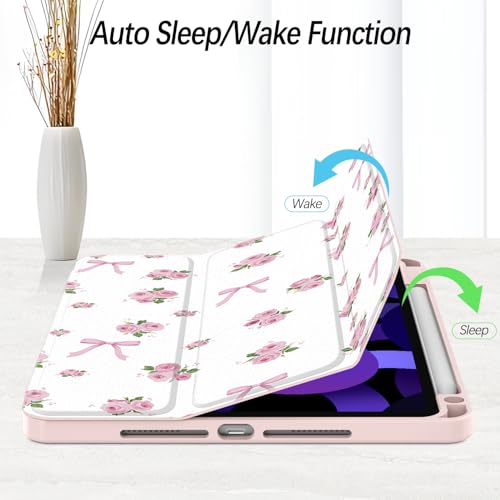 Xkladz Case for iPad Air 11 inch M4 (2026) / M3 (2025) / M2 (2024), iPad Air 5th / 4th Generation (2022/2020) 10.9 inch, Case with Pencil Holder, Clear Back Cover Pattern for Women Girls, Bow Rose - Image 3
