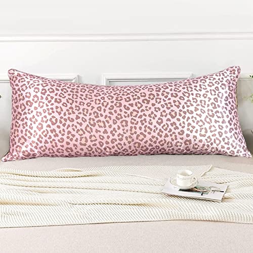 LCBD Satin Body Pillow Case for Hair and Skin, Pink Leopard Printed Silk Satin Body Pillowcase Cover, 20x54 Cheetah Print Body Cooling Pillow Cover with Envelope Closure - Image 1