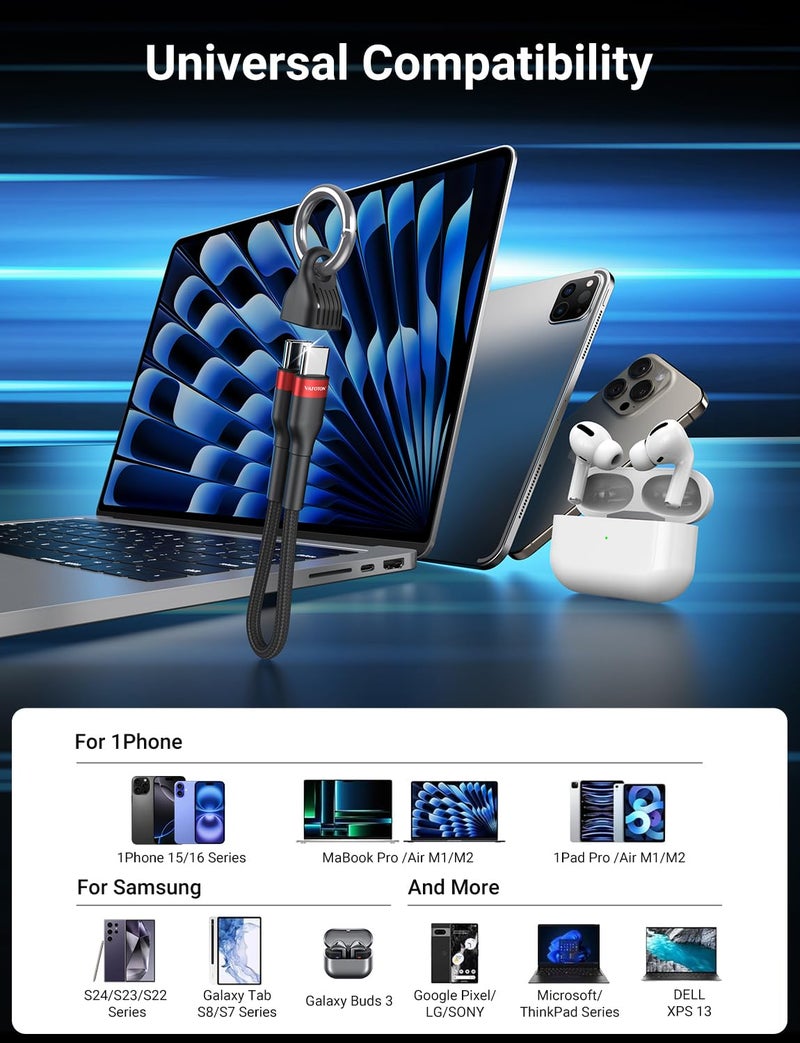VAFOTON PD 60W Short USB C Cable (2 Pack), Keychain 6 Inch USB C Cable/Nylon Braided Type C to Type C Cables/Fast Charging Cables for 1Phone17/16/15 Series, 1Pad Pro/Air, Samsung Galaxy Series, Google Pixel - Image 5