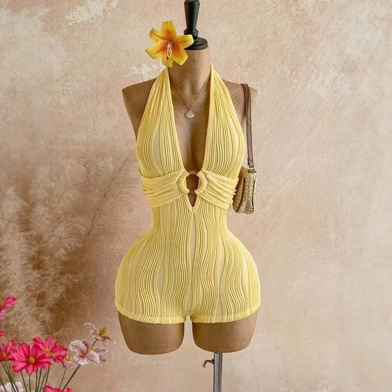 Women's Halter Neck Deep V Lace Up Knitted Jumpsuit - Image 3