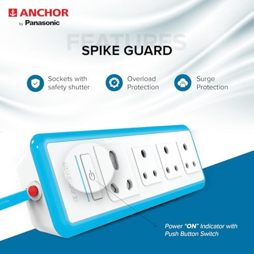 Anchor by Panasonic 6A Universal Socket with Surge and Over load protection | 6A Extension Board with 1.5 Mtr Extension Cord | Multi Plug Socket for Home Wall, Office (22076) - Image 2
