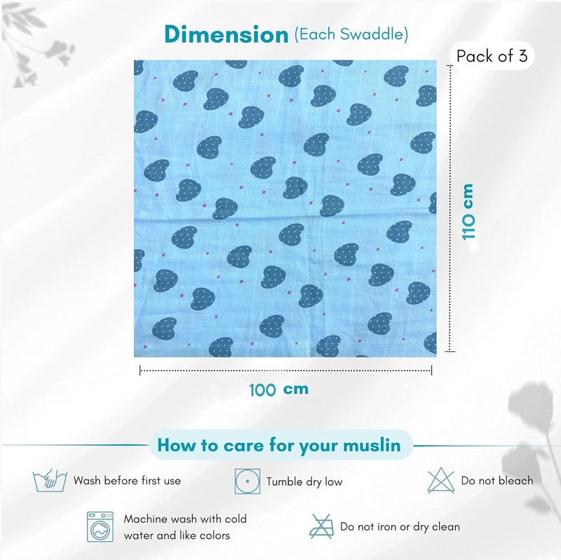 Comfy Cheeks 100% Cotton Muslin Baby Swaddle Set – Pack of 3 | Large 115x100 cm Mulmul Swaddle Wrap for Newborn to 18 Months | Soft Breathable Printed Baby Blanket & Towel - Image 5