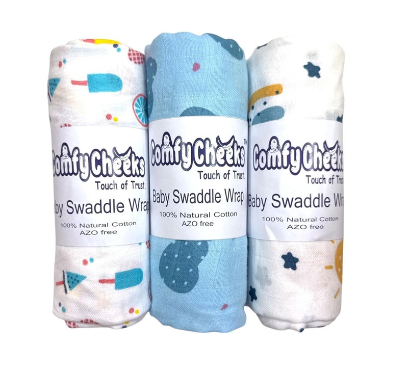 Comfy Cheeks 100% Cotton Muslin Baby Swaddle Set – Pack of 3 | Large 115x100 cm Mulmul Swaddle Wrap for Newborn to 18 Months | Soft Breathable Printed Baby Blanket & Towel - Image 1