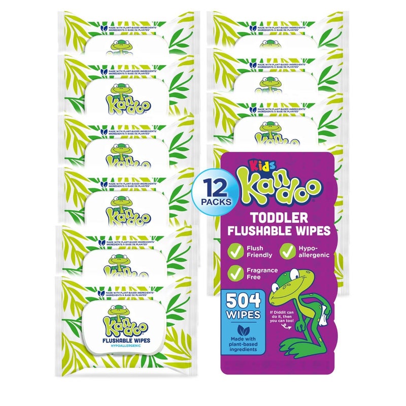 Kandoo Flushable Wipes for Baby and Kids by Kandoo, Sensitive and Unscented Formula, Hypoallergenic Potty Training Wet Cleansing Cloths, 42 Count, Pack of 12 - Image 1