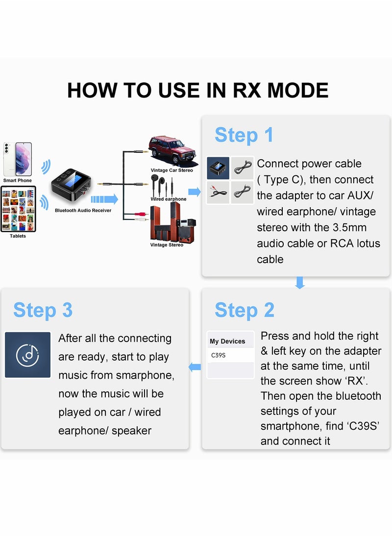 Bluetooth transmitter, 2-in-1 transmitter receiver, 5.0 audio adapter, support 3.5mm RCA TF card for TV PC speaker headset car - Image 3