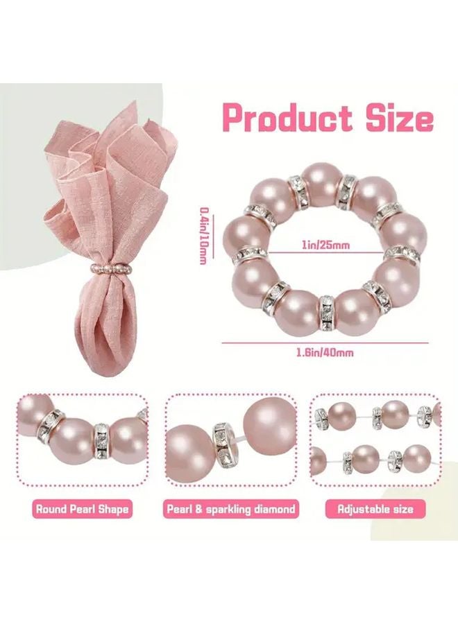 خواتم مناديل وردية لؤلؤية ذهبية 24 قطعة حوامل مرصعة بالخرز قابلة للتمدد مع لآلئ بيضاء وأحجار الراين لحفلات الزفاف وأعياد الميلاد وعيد الحب وديكورات طاولات العشاء - Image 4