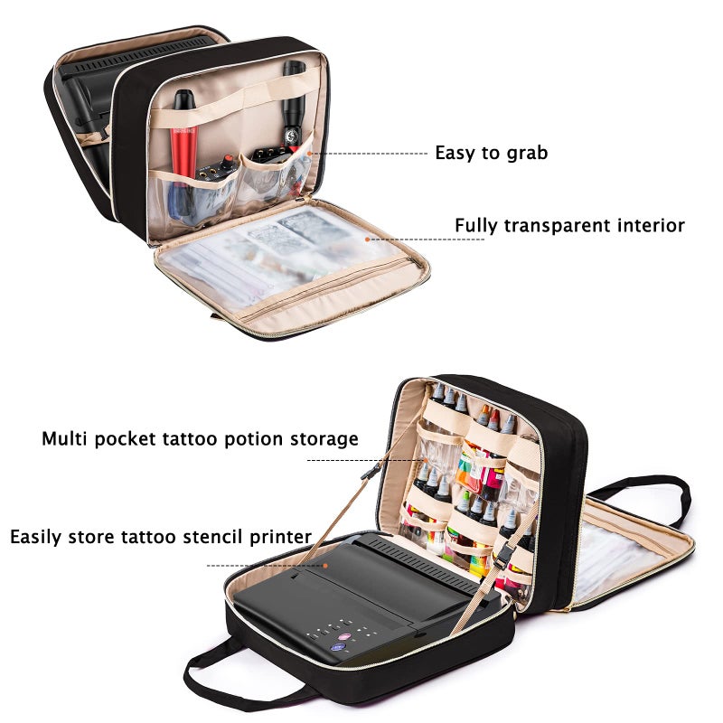 ELCUPA Tattoo Carrying Case-Tattoo Supplies Organizer-Tattoo Kit Case -Tattoo Supplies Carrying Bag for Tattoo Stencil Printer, Tattoo Ink, Tattoo Equipment, Tatoo Pens Black (BAG ONLY) - Image 3