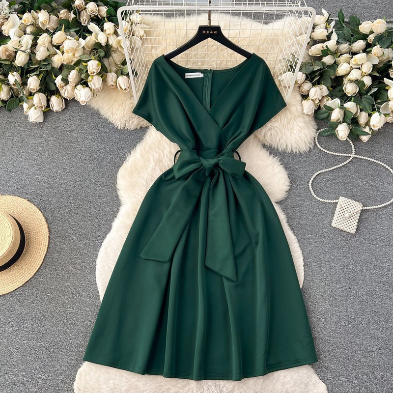 Elegant Cross-border Advanced Dining Party Gown Womens Summer Bow-designed Waist-fitted Niche Dress For Special Occasions Green  - Image 1