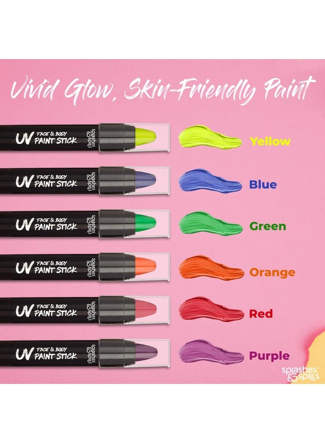 Splashes & Spills UV Face and Body Paint Sticks - UV Body Paint, UV Face Paint for Costume, Cosplay, Theater, Club - Glows Under UV Light - Black Light Paint For All Skin Types (6 Colors) - Image 3