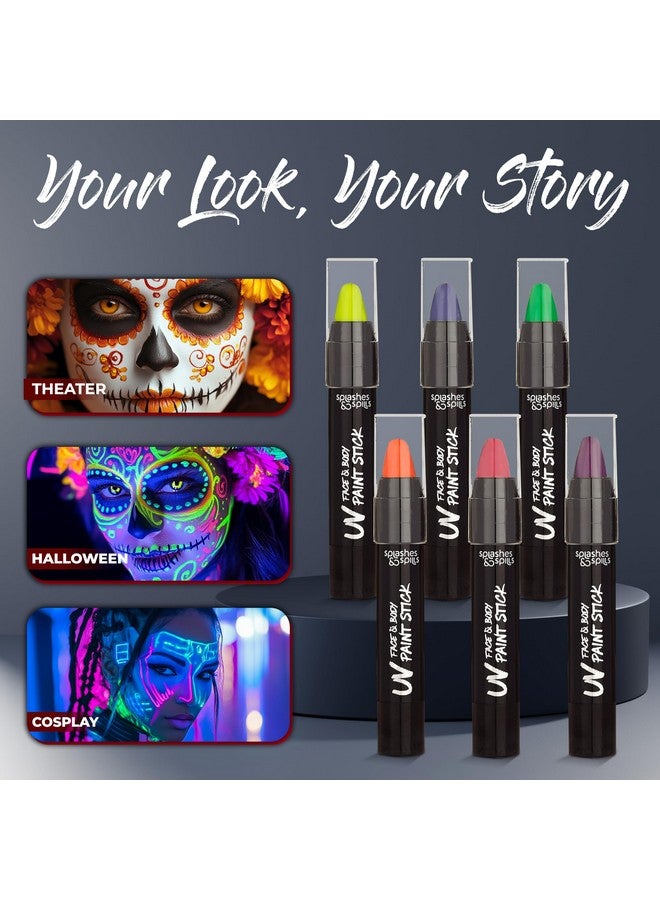 Splashes & Spills UV Face and Body Paint Sticks - UV Body Paint, UV Face Paint for Costume, Cosplay, Theater, Club - Glows Under UV Light - Black Light Paint For All Skin Types (6 Colors) - Image 4