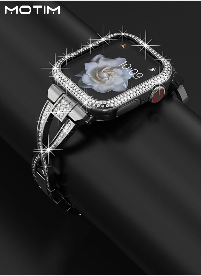 Motim - Stainless Steel Band with Case for Apple Watch 40mm, Women iWatch Shockproof Replacement Strap Band with Bumper Case Cover, Diamond Rhinestone Bling Dressy Bangle Bracelet SE/Series 10/9/8/7/6/5/4/3/2/1 - Image 1