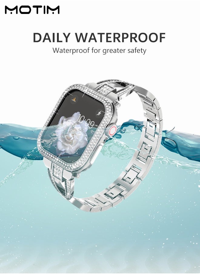 Motim - Stainless Steel Band with Case for Apple Watch 40mm, Women iWatch Shockproof Replacement Strap Band with Bumper Case Cover, Diamond Rhinestone Bling Dressy Bangle Bracelet SE/Series 10/9/8/7/6/5/4/3/2/1 - Image 1