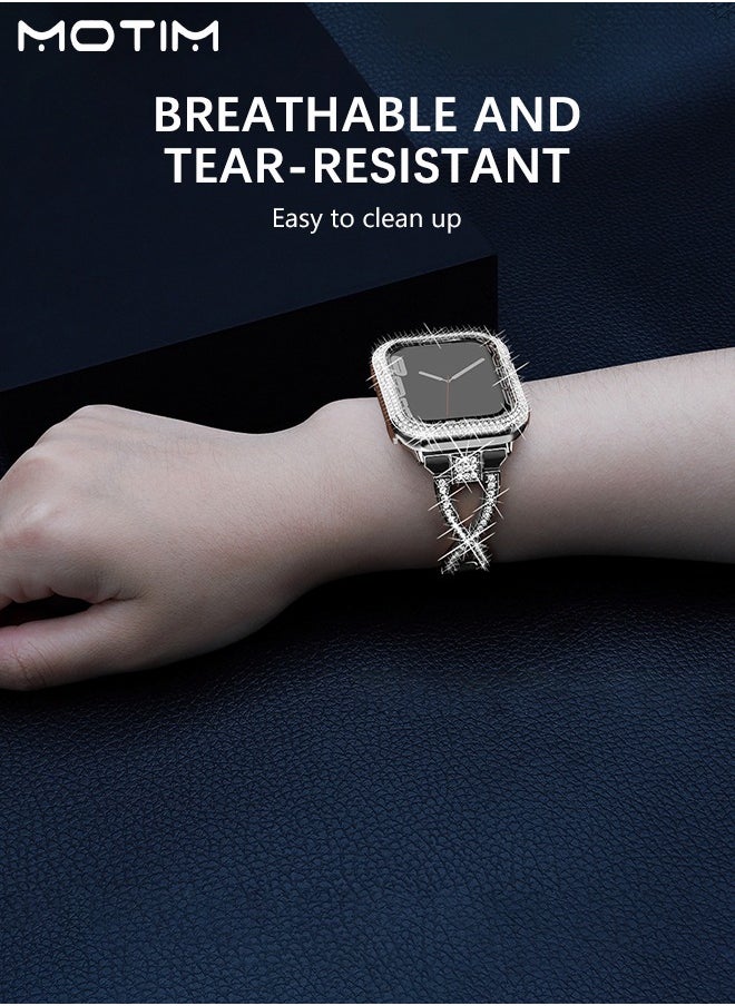 Motim - Stainless Steel Band with Case for Apple Watch 40mm, Women iWatch Shockproof Replacement Strap Band with Bumper Case Cover, Diamond Rhinestone Bling Dressy Bangle Bracelet SE/Series 10/9/8/7/6/5/4/3/2/1 - Image 1