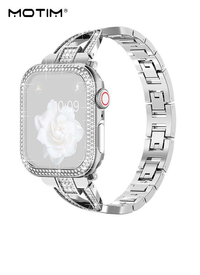Motim - Stainless Steel Band with Case for Apple Watch 40mm, Women iWatch Shockproof Replacement Strap Band with Bumper Case Cover, Diamond Rhinestone Bling Dressy Bangle Bracelet SE/Series 10/9/8/7/6/5/4/3/2/1 - Image 1