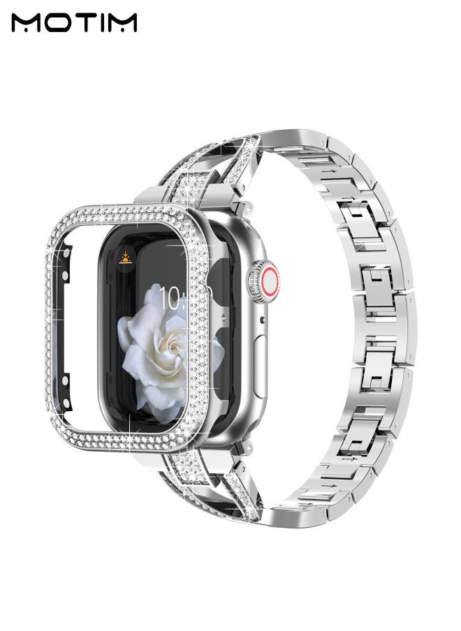 Motim - Stainless Steel Band with Case for Apple Watch 40mm, Women iWatch Shockproof Replacement Strap Band with Bumper Case Cover, Diamond Rhinestone Bling Dressy Bangle Bracelet SE/Series 10/9/8/7/6/5/4/3/2/1 - Image 1