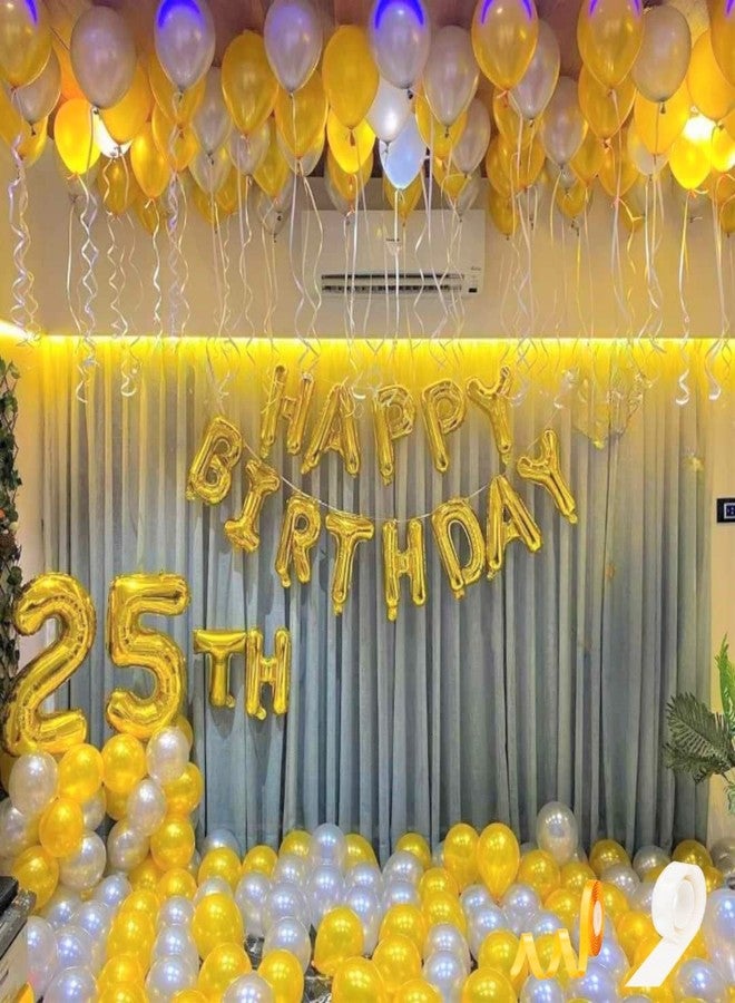 Flyloons طقم زينة عيد ميلاد سعيد من فلاي لونز باللونين الفضي والذهبي، يتضمن لافتة ذهبية مكتوب عليها "عيد ميلاد سعيد"، وبالونات ذهبية وفضية، ونقاط لاصقة للتزيين، زينة عيد ميلاد للبنات والأولاد والأزواج والزوجات - Image 1