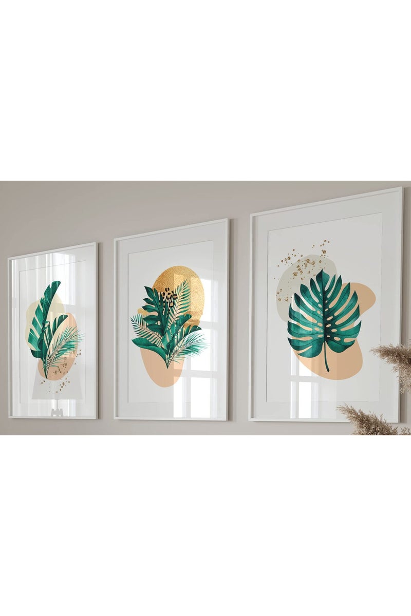 Eviepops Prints مجموعة فنون الجدران النباتية إيفي بوبس - 3 قطع غير مؤطرة من ديكور النباتات الاستوائية التجريدي، ملصق لغرفة المعيشة أو غرفة النوم، أوراق نبات الجبن باللونين الذهبي والأخضر (A4) - Image 1