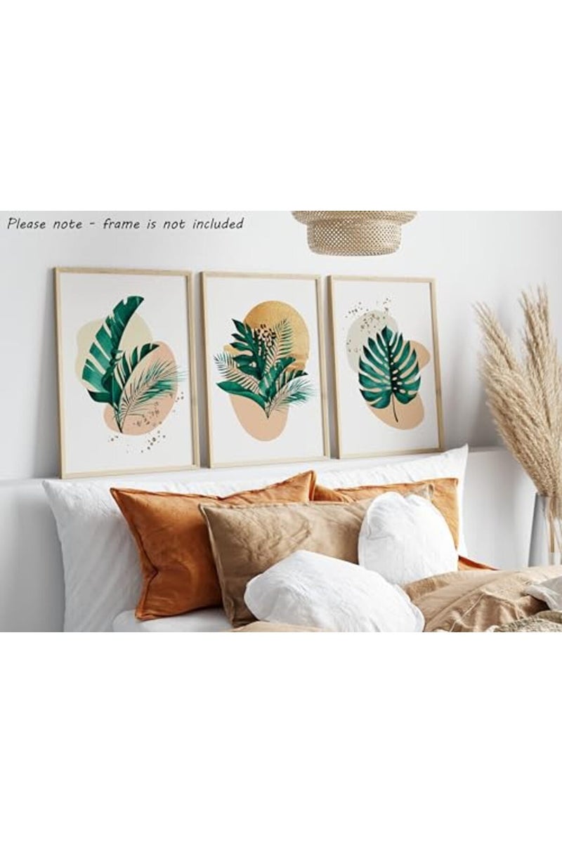 Eviepops Prints مجموعة فنون الجدران النباتية إيفي بوبس - 3 قطع غير مؤطرة من ديكور النباتات الاستوائية التجريدي، ملصق لغرفة المعيشة أو غرفة النوم، أوراق نبات الجبن باللونين الذهبي والأخضر (A4) - Image 3