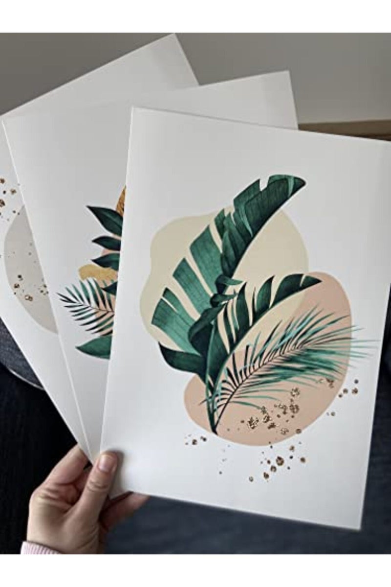 Eviepops Prints مجموعة فنون الجدران النباتية إيفي بوبس - 3 قطع غير مؤطرة من ديكور النباتات الاستوائية التجريدي، ملصق لغرفة المعيشة أو غرفة النوم، أوراق نبات الجبن باللونين الذهبي والأخضر (A4) - Image 5