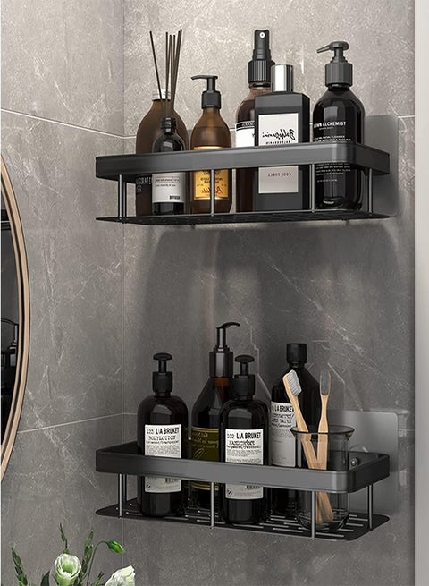 رف حمام، مجموعة من 2، رف دش، منظم حمام لا يتطلب الحفر، رف حمام ذاتي اللصق، رف دش معدني من الألومنيوم، رف حمام مثبت على الحائط (أسود).