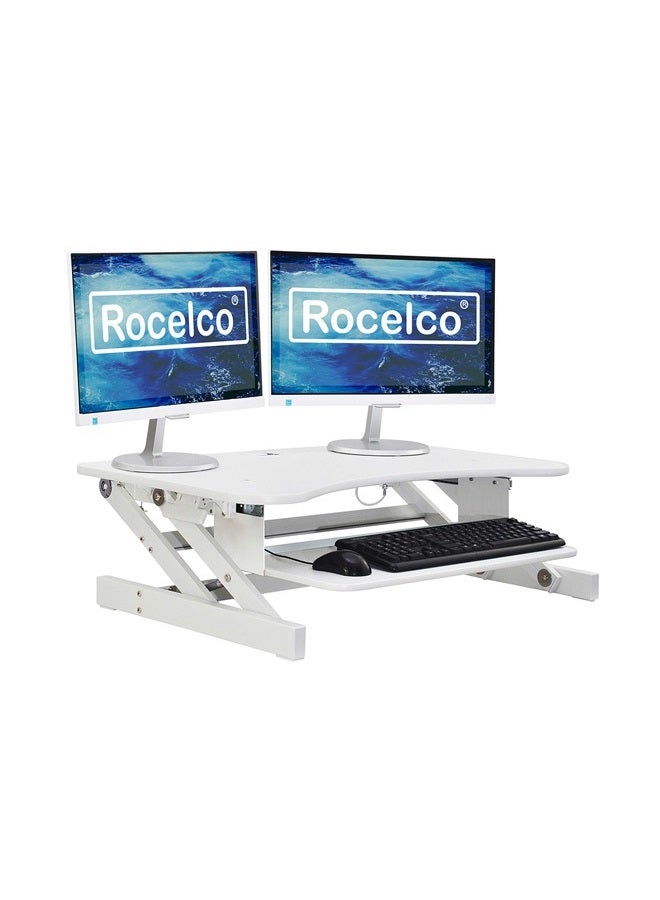 37.5" Deluxe Height Adjustable Standing Desk Converter - Quick Sit Stand Up Dual Monitor Riser - Gas Spring Assist Computer Workstation - Large Retractable Keyboard Tray - White (R DADRW)
