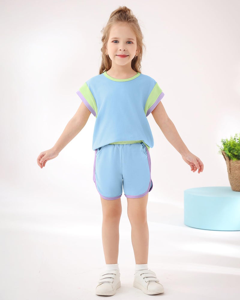 SANMIO Toddler Girls Clothes Toddler Girl Activewear Color Block Short Sleeve Shorts 4-5T Girl Summer Outfits Set Baby Blue - Image 3