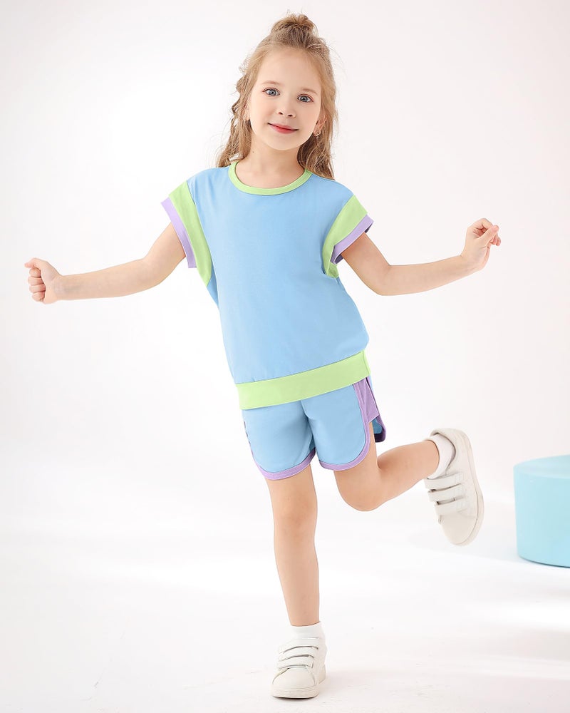 SANMIO Toddler Girls Clothes Toddler Girl Activewear Color Block Short Sleeve Shorts 4-5T Girl Summer Outfits Set Baby Blue - Image 4