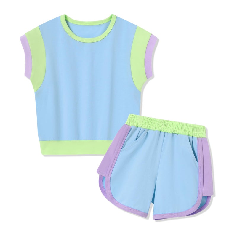 SANMIO Toddler Girls Clothes Toddler Girl Activewear Color Block Short Sleeve Shorts 4-5T Girl Summer Outfits Set Baby Blue - Image 1