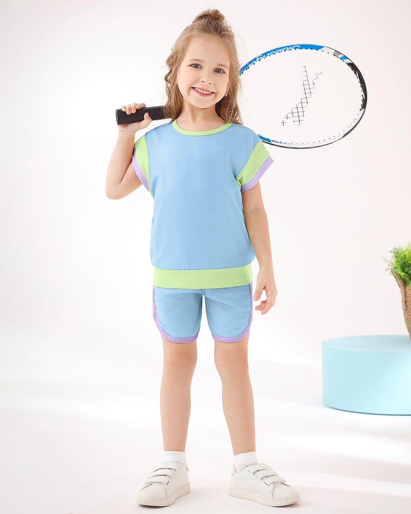 SANMIO Toddler Girls Clothes Toddler Girl Activewear Color Block Short Sleeve Shorts 4-5T Girl Summer Outfits Set Baby Blue - Image 2