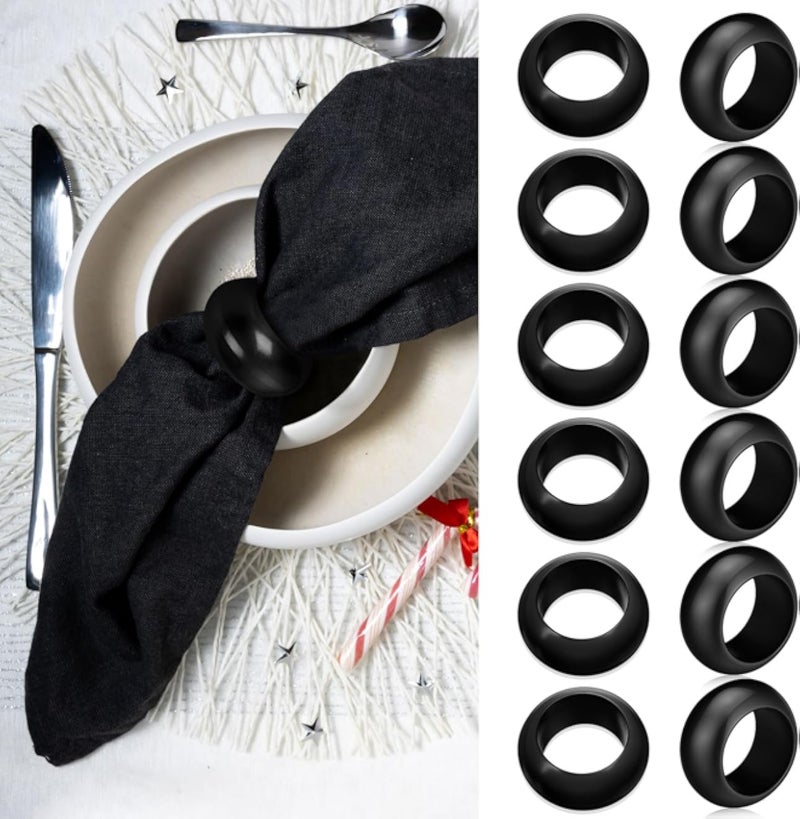مجموعة حلقات مناديل من الأكريليك الأسود، 12 قطعة، قطر 2.5 بوصة، حلقات مناديل بلاستيكية لتزيين طاولة الطعام، حفلات الزفاف، الولائم، الحفلات والتجمعات.