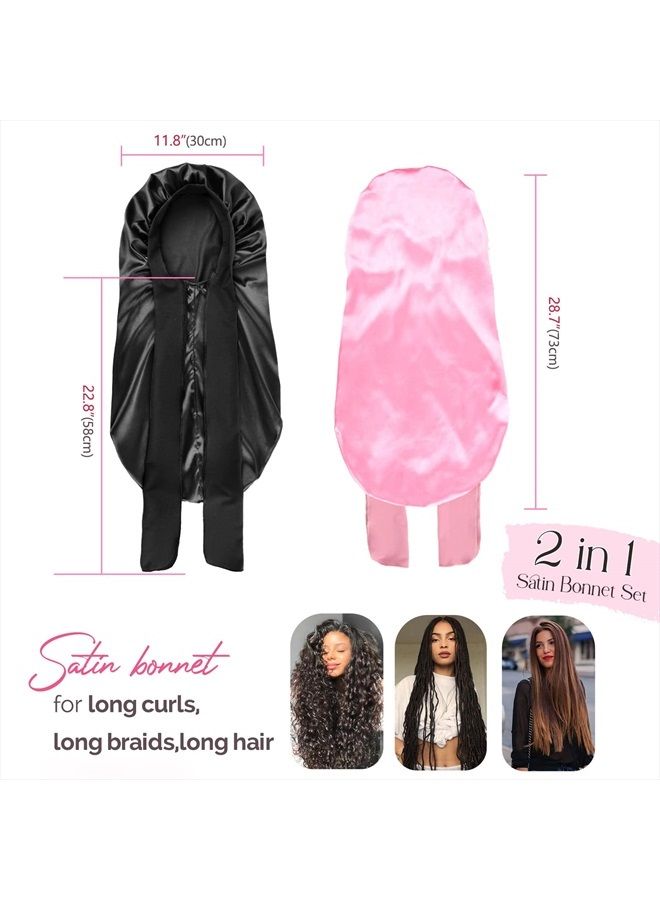 YANIBEST 2Pcs Silk Bonnet for Sleeping Braid Bonnet for Long Hair with Tie Band Bonnet for Braids for Black Women Curly Hair Locs - Image 2