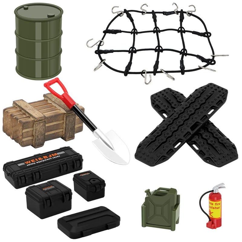 GLOBACT 124 118 RC Crawler Accessories Car Roof Decoration Luggage Net Recovery Board Fire Extinguisher Toolbox Wood Box Shovel for 118 TRX4M 124 Axial SCX24 12Pcs Army Green - Image 2