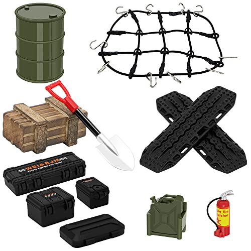 GLOBACT 124 118 RC Crawler Accessories Car Roof Decoration Luggage Net Recovery Board Fire Extinguisher Toolbox Wood Box Shovel for 118 TRX4M 124 Axial SCX24 12Pcs Army Green - Image 1