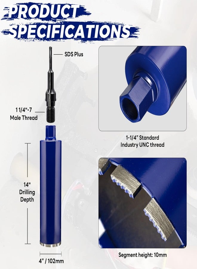 DaduoRi 4" Pro Concrete Core Drill Bit with SDS Plus Adapter (1-1/4"-7 Thread) - 14" Cutting Depth & Upgraded Welded Teeth Core Bits for Concrete with Rebar, Brick, Masonry,Stucco,Mortar,Wet Coring - Image 2