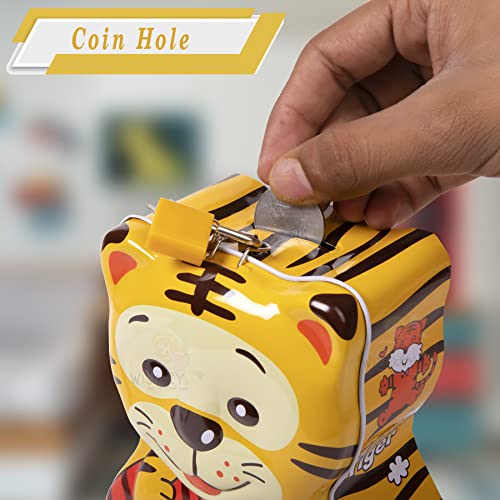 WISHKEY Cute & Attractive Cartoon Tiger Shaped Metal Piggy Bank with Secure Lock & Keys for Kids, Money Saving Storage Coin Collector Box for Boys & Girls (Pack of 1, Multicolor) - Image 3