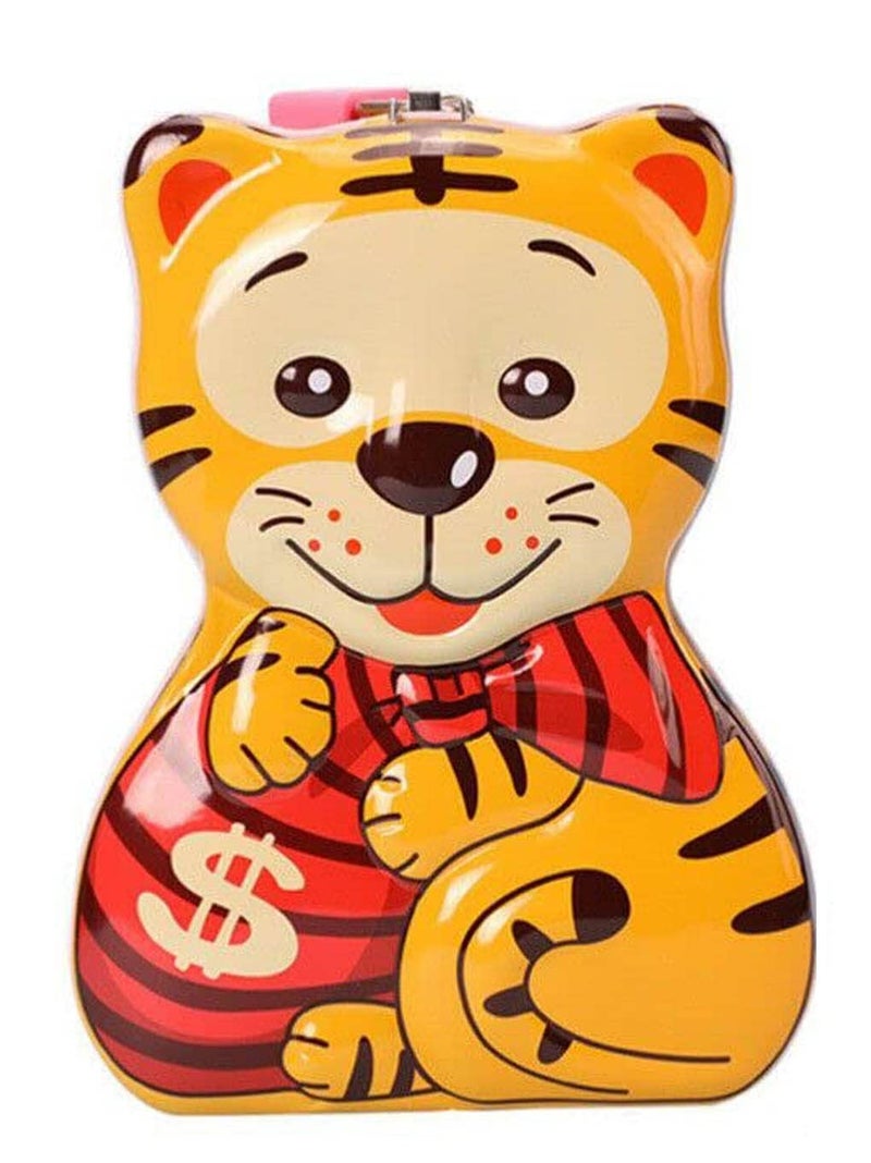 WISHKEY Cute & Attractive Cartoon Tiger Shaped Metal Piggy Bank with Secure Lock & Keys for Kids, Money Saving Storage Coin Collector Box for Boys & Girls (Pack of 1, Multicolor) - Image 1