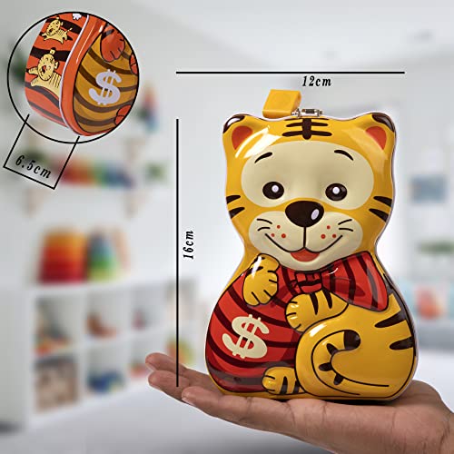 WISHKEY Cute & Attractive Cartoon Tiger Shaped Metal Piggy Bank with Secure Lock & Keys for Kids, Money Saving Storage Coin Collector Box for Boys & Girls (Pack of 1, Multicolor) - Image 2