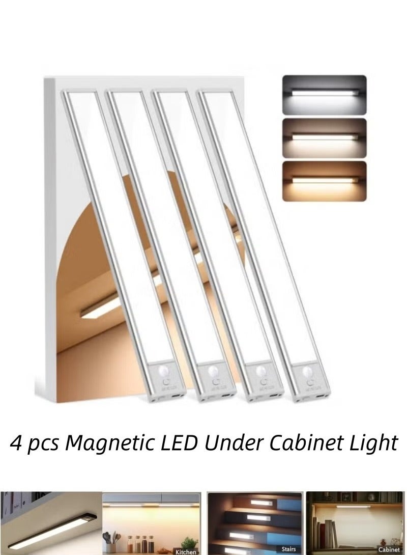 اكسيسن 4 قطع شريط إضاءة مزود بمستشعر حركة لإضاءة الغرفة ليلاً، 20 سم، مصباح LED مغناطيسي قابل لإعادة الشحن تحت الخزانة، مصباح LED لاسلكي لخزانة الملابس، 3 ألوان للمطبخ، خزانة الملابس، الخزانة، الممر، بجانب السرير، المكتب، مرآة الحمام - Image 1
