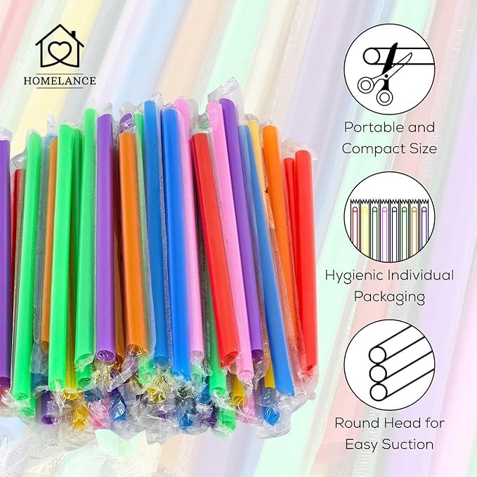 Homelance 400 Pcs Multi Colors Jumbo Smoothie Straws Disposable Milkshake Straws Jumbo, Bubble Tea Straw For Cakes, Disposable Smoothie Straw Individually Wrapped (0.43" Wide X 9.84" Long) - Image 5
