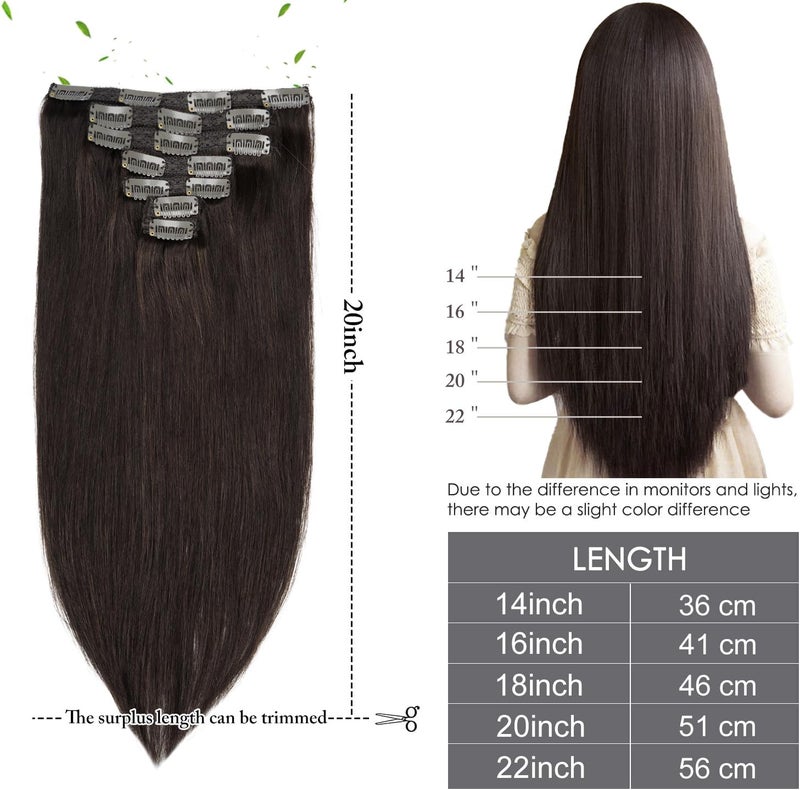 FAAAL 20" Clip in Human Hair Extensions Full Head 180g 7 Pieces 16 Clips 2# Dark Brown Double Weft Brazilian Real Remy Hair Extensions Thick Straight Silky (20" 180g, Dark Brown) - Image 2