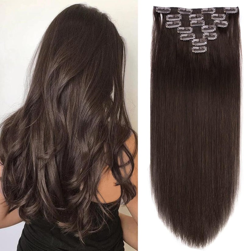 FAAAL 20" Clip in Human Hair Extensions Full Head 180g 7 Pieces 16 Clips 2# Dark Brown Double Weft Brazilian Real Remy Hair Extensions Thick Straight Silky (20" 180g, Dark Brown) - Image 1