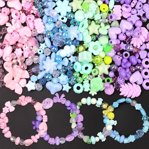 GMMA Assorted Acrylic Pony Beads Shapes for Bracelet Making Flower Bow Butterfly Candy Star Heart GummyBear Cute Beads for Jewelry Making Pink Purple Blue Green - Image 1