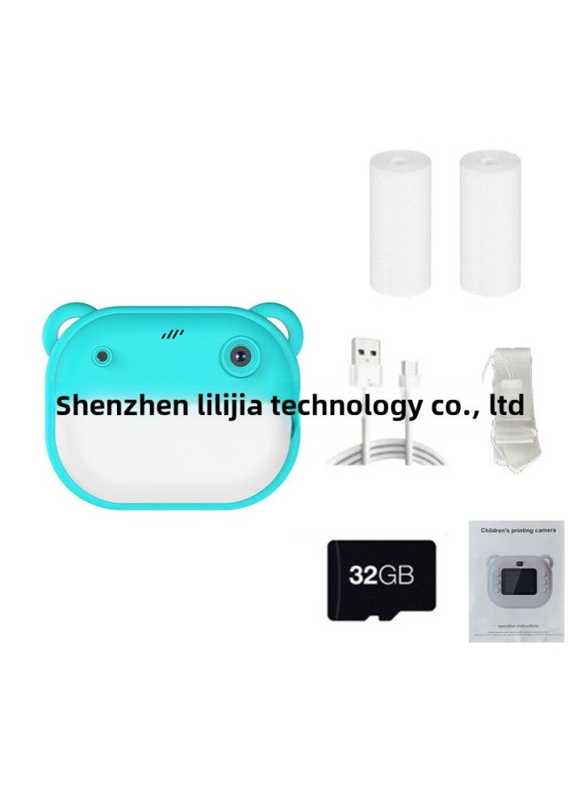 Generic Children's Photographed Print Camera HD Dual Lens Photographable Video Toy Gift Box-Color:Cyan+32g  - Image 1