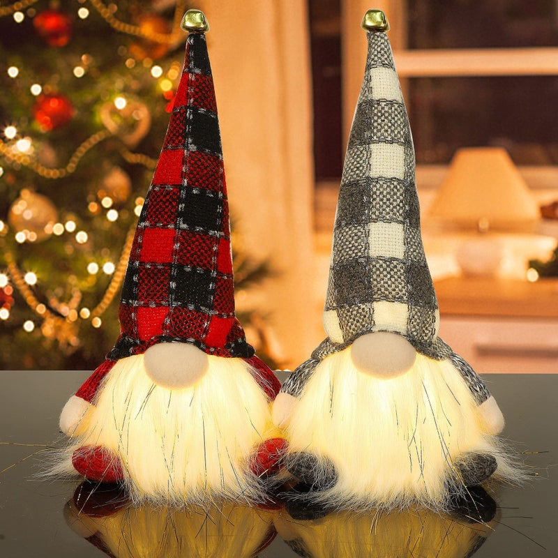 Juegoal Juegoal 2 Pack Lighted Christmas Gnomes 12 Inch Handmade Plush Scandinavian Swedish Tomte with Buffalo Plaid Hat Light Up Elf Toy Holiday Present Battery Operated Xmas Gifts Winter Tabletop Decor 