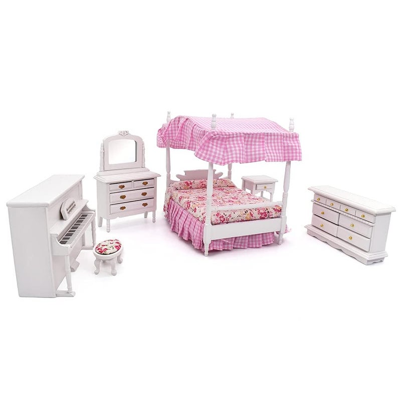 iLAND Wooden Dollhouse Furniture on 1/12 Scale of Pink Dollhouse Bedroom Set w/Piano (Sweet Doll Furniture 6pcs) - Image 1
